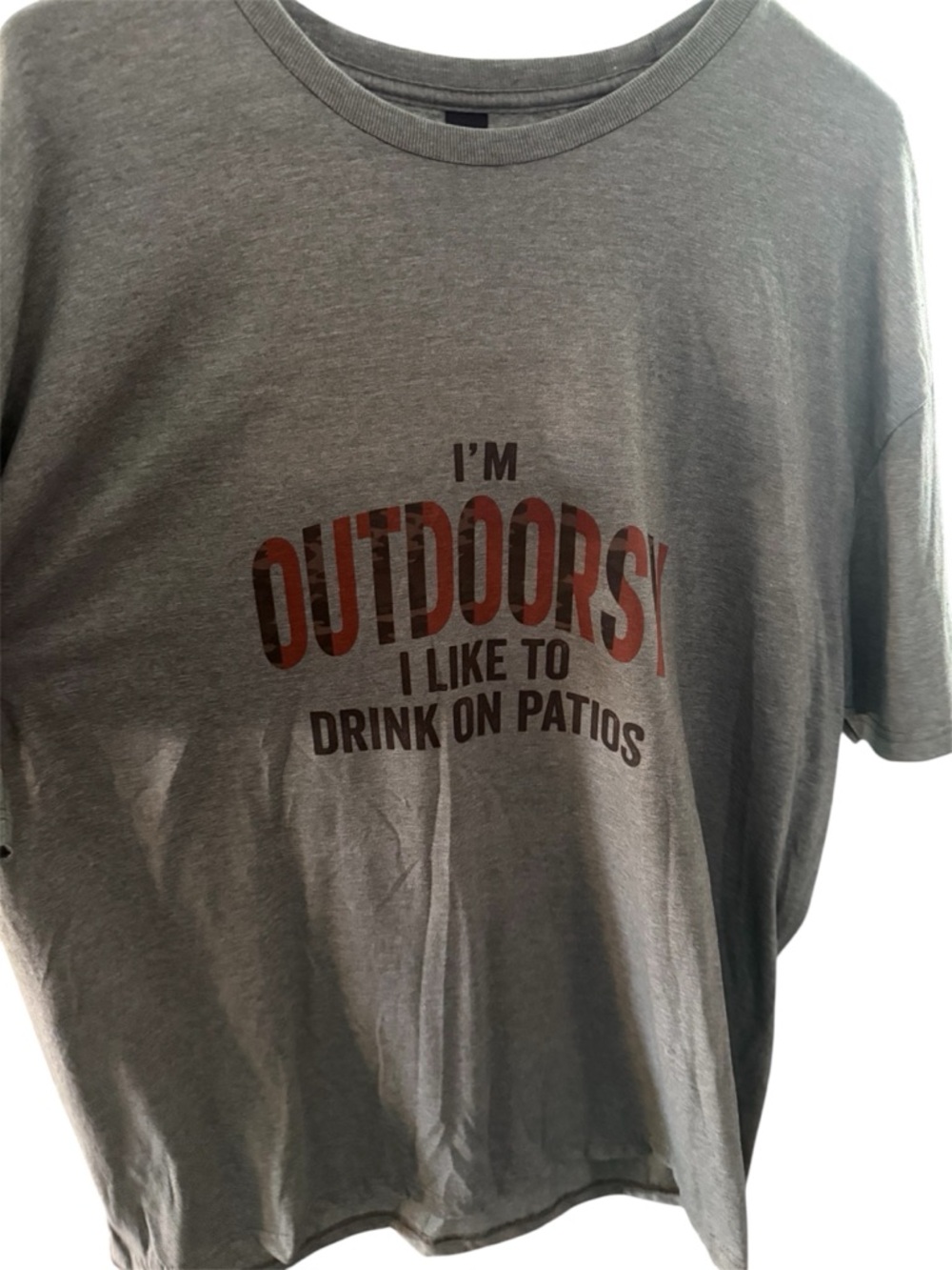 Gildan Gray Graphic Tee with Red Accent 'OUTDOORS' drinking on patios summer fun